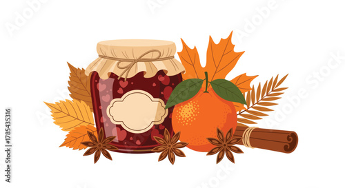 Autumn still life with homemade jam, fresh citrus fruit, fall leaves, and aromatic spices for a cozy seasonal feeling.