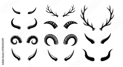 Antler horns vector set illustration, deer, ram, devil horns collection