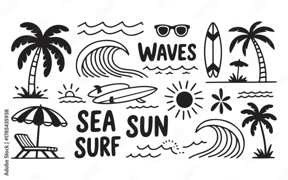 Naklejka premium Summer beach doodles with surfing and vacation theme