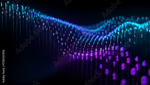 Abstract digital wave of glowing blue and purple particles flowing in a dark futuristic cyberspace with data streams and binary code elements