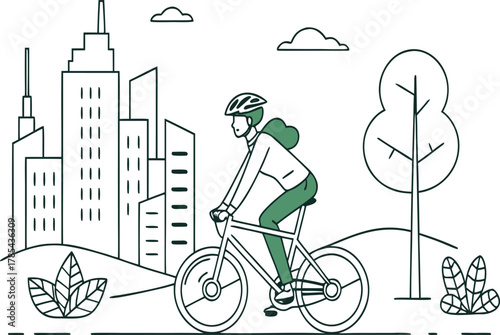 Woman riding bicycle in city park with skyscrapers healthy lifestyle