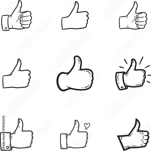 Thumbs Up doodle line art collection. Includes line art symbols like, yes, ok, good, success and more. Isolated doodles. Thumbs up doodle set. 