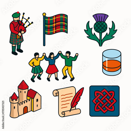 Burns Night Icons. Burns Night Celebration of Scotland modern flat icon set: bagpiper, tartan flag, thistle emblem, whisky glass, stone castle, dancing crowd, poetry scroll, Celtic