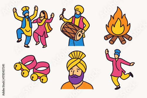 Lohri Dance Icons. Lohri Cultural Dance modern flat icon set: folk dancers, drum beater, bonfire, ankle bells, turbaned man, joyous movement.