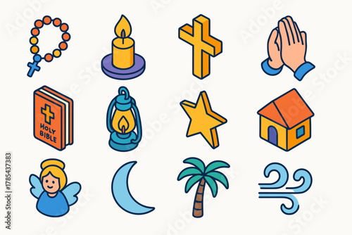 Spiritual Evening Icons. Faithful Evening Prayer modern flat icon set: rosary beads, candle flame, cross, folded hands, holy text, lantern, star, village home, angel, moonlight,