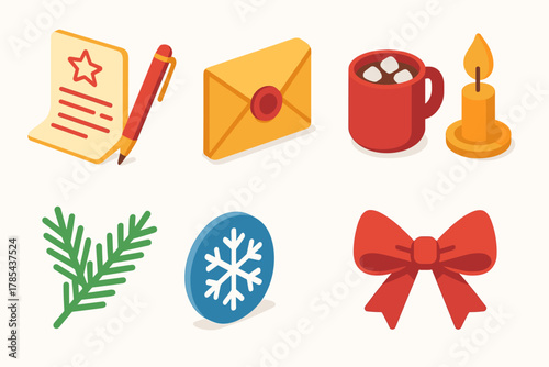 Festive Holiday Icons. Christmas Letter modern flat icon set: folded paper, pen, sealed envelope, mug of cocoa, candle flame, fir branch, snowflake sticker, bow.