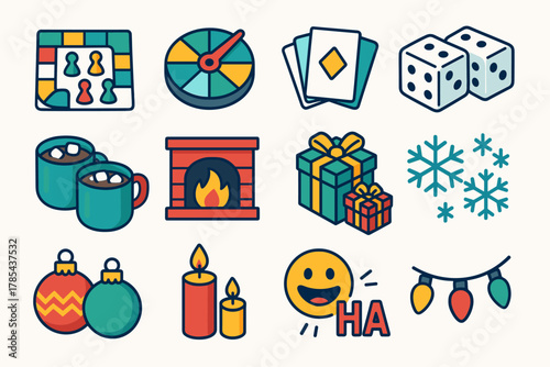 Festive Game Night Icons. Family Game Time modern flat icon set: game board, spinner, cards, dice, cocoa mugs, cozy fire, wrapped presents, snowflakes, tree ornaments, candles,