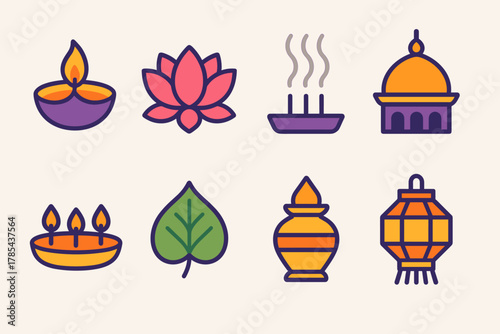 Diwali Icon Set. Diwali Heritage Symbols modern flat icon set: diya lamp, lotus blossom, incense smoke, temple dome, candle tray, sacred leaf, golden urn, hanging lantern.