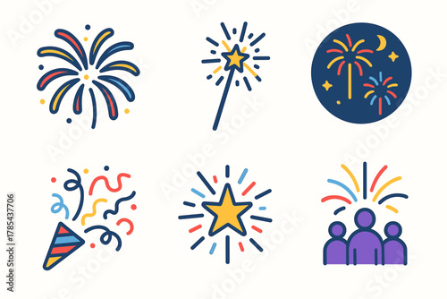 Isometric Fireworks Display. Fireworks Celebration modern flat icon set: bursting firework, sparkler, night sky, crowd silhouettes, confetti, starburst.