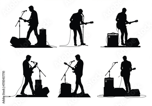 Silhouette illustration of male guitarists performing live on stage with microphones, amplifiers, and electric guitars, creative vector design for music concert concept