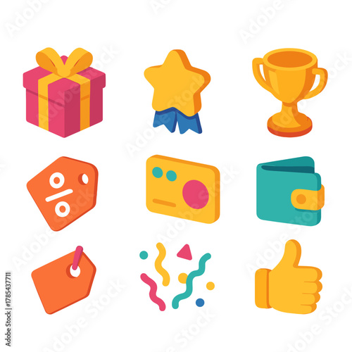 Loyalty Rewards Icons. Loyalty Program Rewards modern flat icon set: gift box, star badge, points card, golden trophy, discount tag, wallet icon, confetti, thumbs up.
