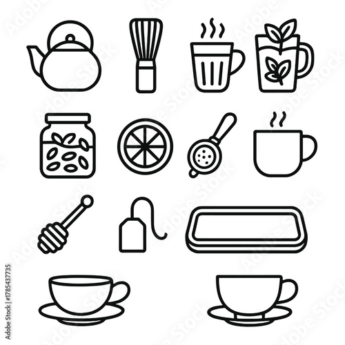 Global Tea Icons. Global Tea Rituals outline icon set: teapot, matcha whisk, chai cup, mint tea glass, loose leaf jar, lemon slice, tea strainer, steaming mug, honey dipper, tea