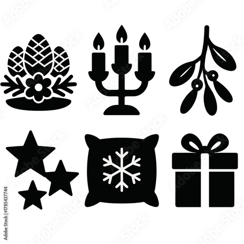 Brutalist Seasonal Icons. Seasonal Touches bold vector icon set: table centerpiece, candle holder, mistletoe, cozy pillow, stars, wrapped gift.