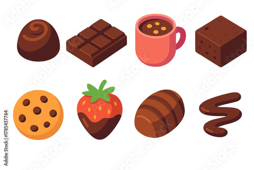 Vibrant Chocolate Icons. Chocolate Treats modern flat icon set: truffle, chocolate bar, cocoa cup, brownie square, chocolate chip cookie, dipped strawberry, praline candy, hot