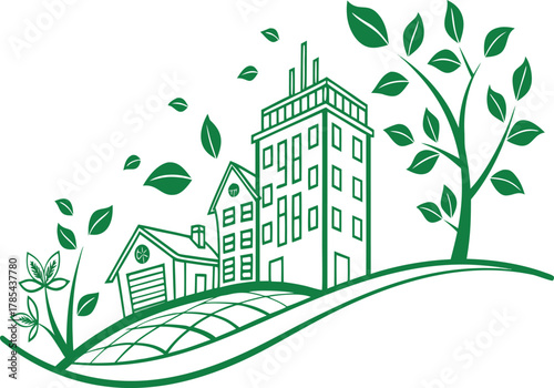 Green city illustration with house, building, tree, leaves, and a sense of environmental consciousness