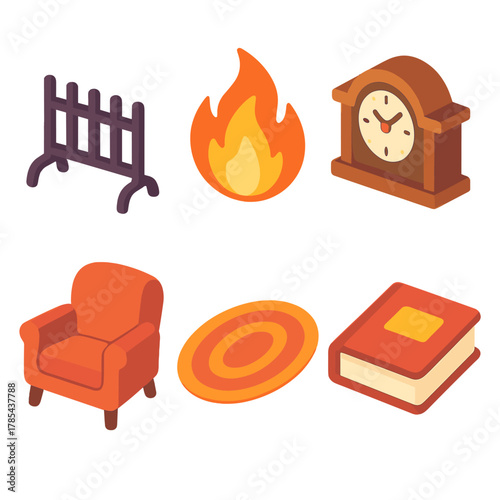 Rustic Fireplace Icons. Rustic Fireplace modern flat icon set: iron grate, burning flame, mantel clock, cozy chair, rug, book.