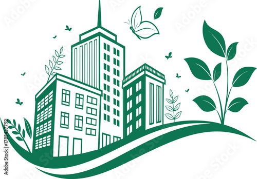 Green city illustration with buildings, leaves, butterfly, and a sense of environmental consciousness