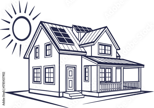 Illustration of a modern house with solar panels on the roof and sun