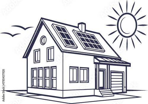 Illustration of a modern house with solar panels on the roof and birds flying