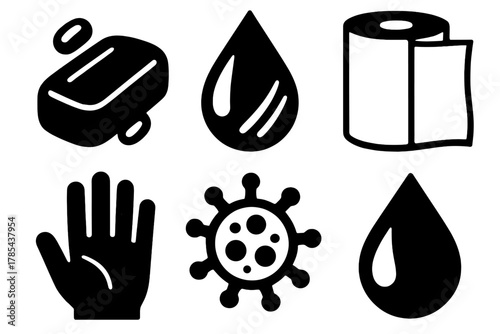Brutalist Hygiene Icons. Everyday Clean Hands bold vector icon set: bar soap, rinse water, towel roll, hand outline, germ icon, droplet.