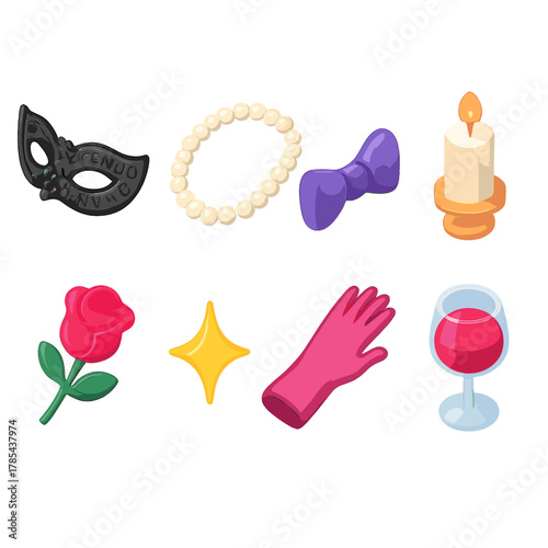 Elegant Evening Icons. Elegant Evening modern flat icon set: lace mask, pearl necklace, bow tie, candle, rose, sparkle, glove, wine glass.