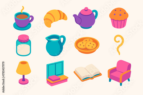 Cozy Cafe Icons. Warm Cafes modern flat icon set: coffee cup, croissant, teapot, muffin, sugar jar, milk jug, cookie plate, steam swirl, table lamp, window seat, open book, cozy