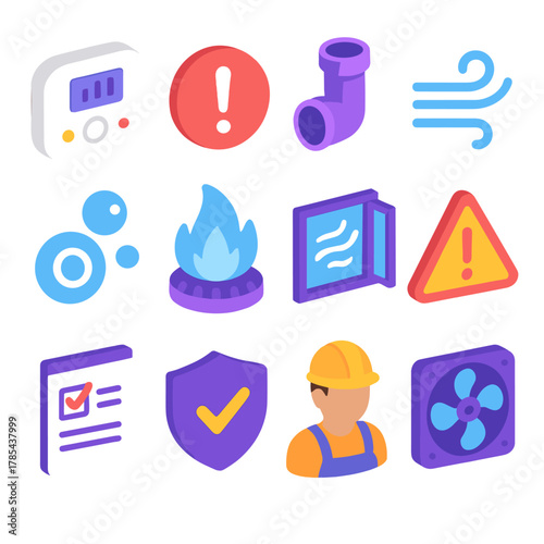 Carbon Monoxide Safety Icons. Carbon Monoxide Awareness modern flat icon set: detector, alert symbol, vent pipe, air flow icon, oxygen bubble, gas flame, open window, warning