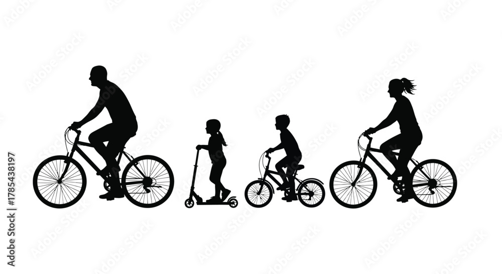 Fototapeta premium Family biking silhouette illustration for outdoor recreation concept