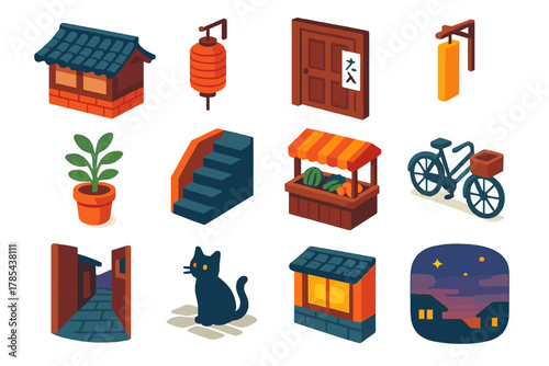 Isometric Asian Street Icons. Asian Old Streets modern flat icon set: tiled roofs, hanging lanterns, wooden doors, paper signs, potted plants, narrow steps, market stall, bicycle