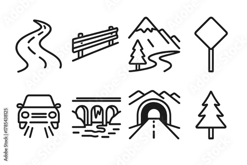 Mountain Road Icons. Mountain Drive outline icon set: winding road, guardrail, snow-capped peak, road sign, car headlights, icy bridge, tunnel, pine tree.