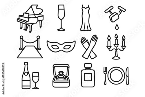 Elegant Evening Icons. Luxury Evening Event outline icon set: grand piano, crystal glass, silk gown, cufflinks, red carpet, mask, evening gloves, candle holder, champagne bottle,