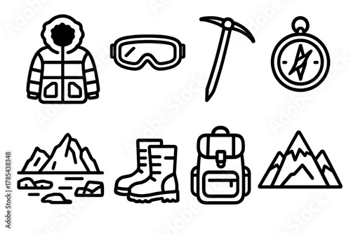 Arctic Expedition Icons. Arctic Adventure outline icon set: explorer jacket, snow goggles, ice axe, compass, frozen landscape, snow boots, backpack, mountain ridge.