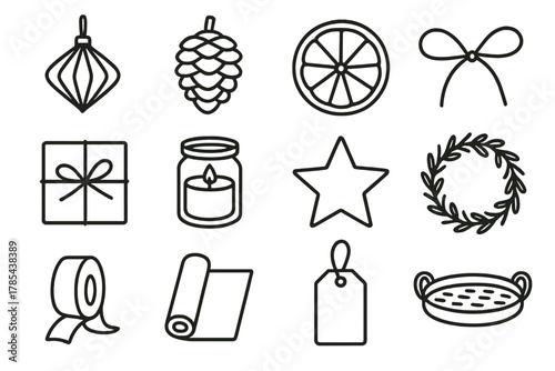 Sustainable Holiday Icons. Eco-Friendly Holiday Decor outline icon set: paper ornaments, pinecones, dried oranges, twine bows, recycled wrapping, glass jar candle, wooden stars,
