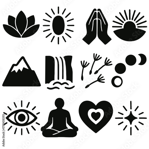 Spiritual Awakening Icons. Spiritual awakening icons bold vector icon set: lotus flower, radiating aura, hands in prayer, rising sun, mountain peak, waterfall flow, dandelion seeds