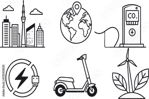 Illustration of city, earth, charging station, scooter, and wind turbine for ecofriendly lifestyle