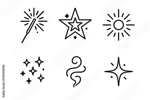 Festive Spark Icons. Festive Spark Designs outline icon set: sparkler wand, twinkle star, burst glow, glitter, smoke swirl, light flash.