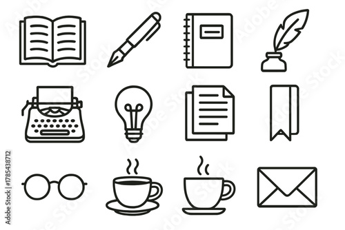 Creative Writing Tools. Writing & Storytelling outline icon set: open book, fountain pen, notebook, feather quill, inkpot, typewriter, light bulb, page stack, bookmark, glasses,