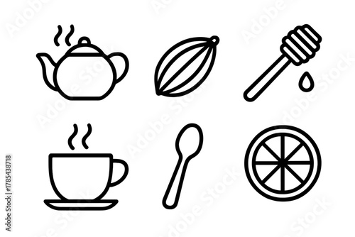 Tea Time Icons. Aromatic Tea Moments outline icon set: teapot, cardamom pod, honey dipper, spoon, citrus slice, steam.