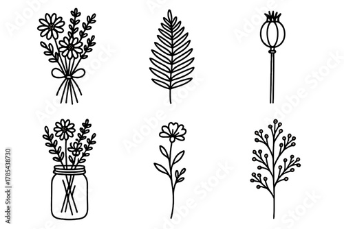 Rustic Flower Icons. Rustic Dried Flowers outline icon set: bouquet, twine, fern, seed pod, jar, stem.