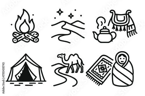 Nomadic Winter Camp Icons. Nomadic Winter Camp outline icon set: campfire, starry night, traditional carpet, teapot, camel saddle, tent entrance, dune path, blanket wrap.