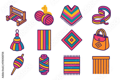 Vibrant Weaving Icons. Latin American Weaving modern flat icon set: loom, alpaca yarn, poncho, woven belt, tassel, bright stripes, geometric diamond, handmade bag, spindle,