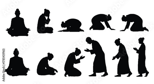 Meditation yoga poses silhouette vector illustration spiritual zen poses