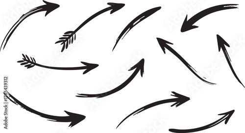 Set of slender hand-drawn curved arrows and archer darts featuring brush effects for directional guidance