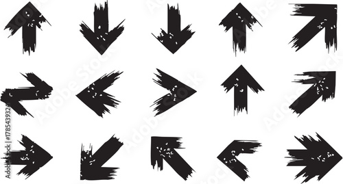 Heavy grunge texture chunky arrows set showing thick geometric direction pointers with ink splatter effects