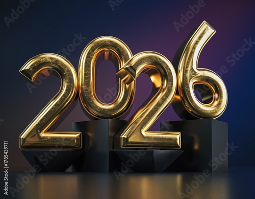 Three dimensional rendering of large shiny gold numerals 2026 displayed on black geometric podiums abstract background
