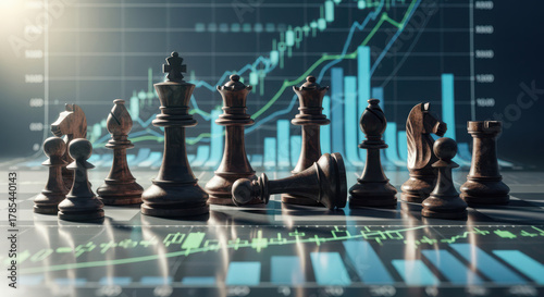 Chess pieces strategy on financial stock market chart