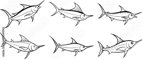 Set of swordfish outline vector illustration line art