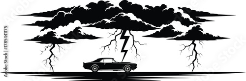 Classic car under lightning storm isolated on white background, representing danger, power, and the vulnerability of vehicles to weather