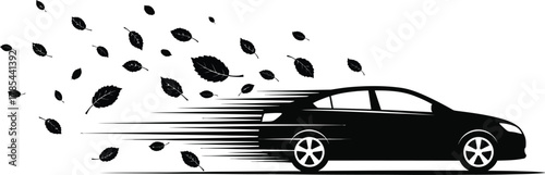 Silhouette of a speeding car with leaves blowing behind it, conveying a sense of motion and speed, isolated on white background the car is sleek and modern