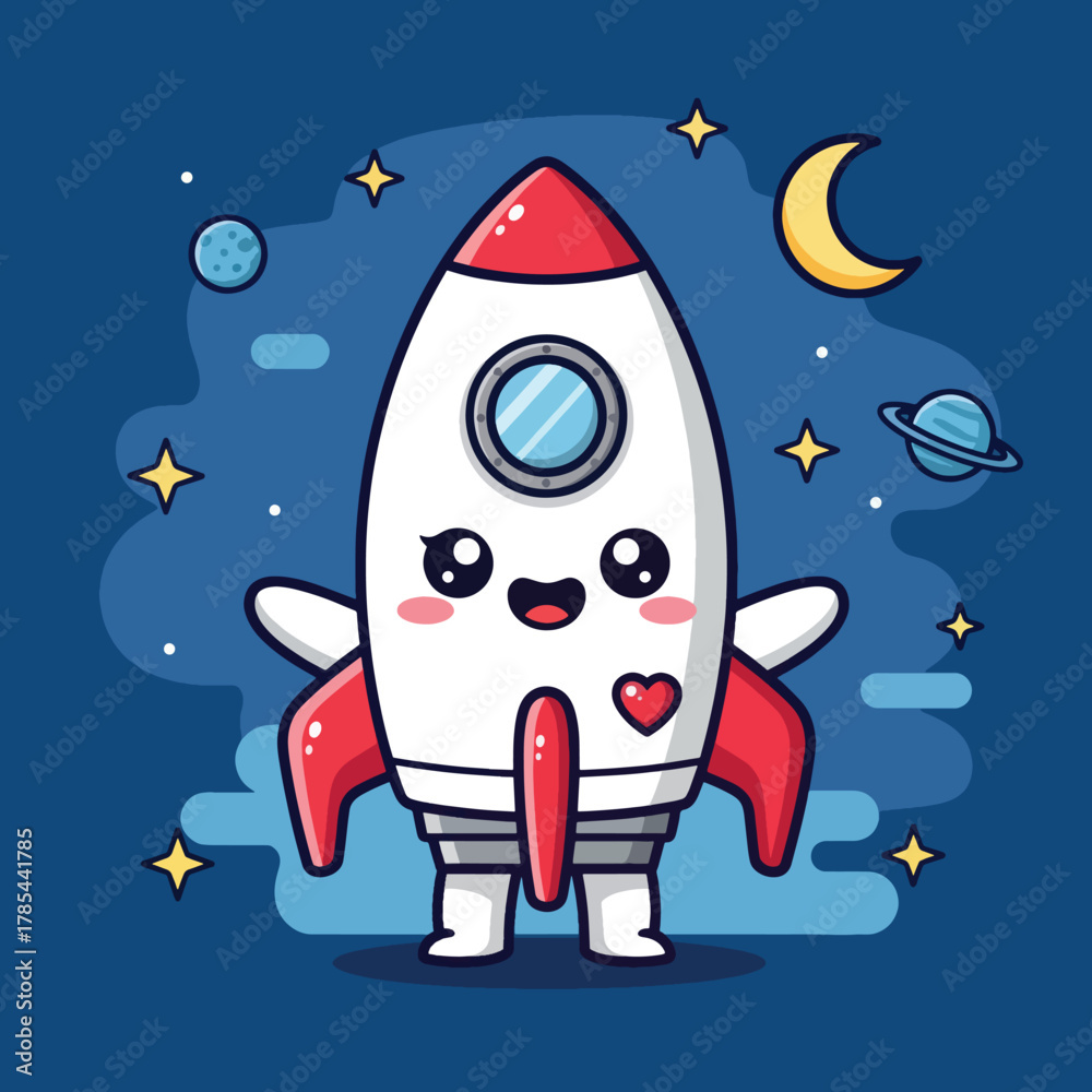 Fototapeta premium Cute cartoon rocket character with happy face and outstretched arms.